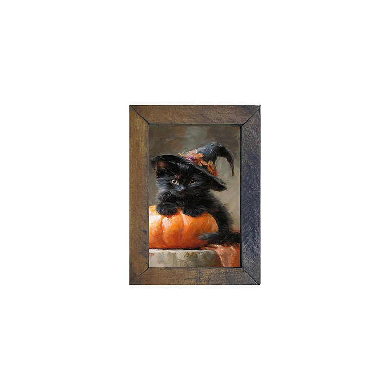 Black Kitten with Pumpkin - Vertical Frame