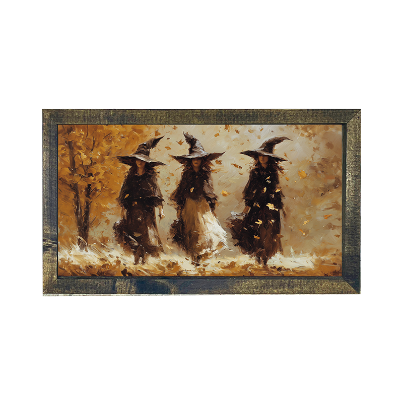 Three Witches Walking in Golden Leaves - Horizontal Frame