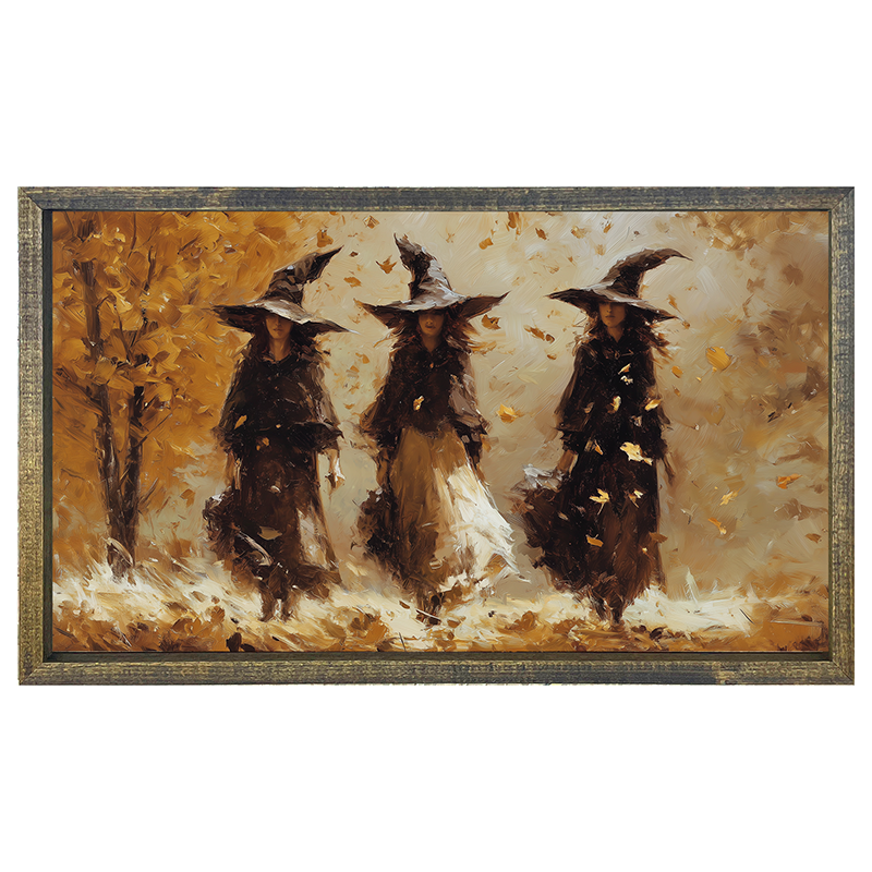 Three Witches Walking in Golden Leaves - Horizontal Frame