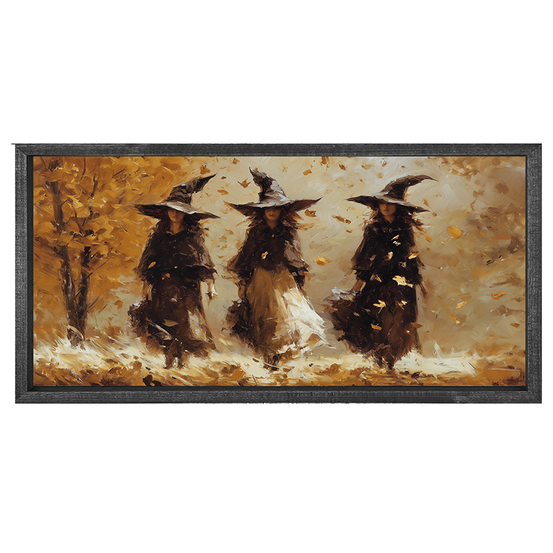 Three Witches Walking in Golden Leaves - Horizontal Frame
