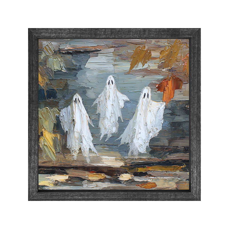 Three Ghosts Floating with Leaves - Square Frame