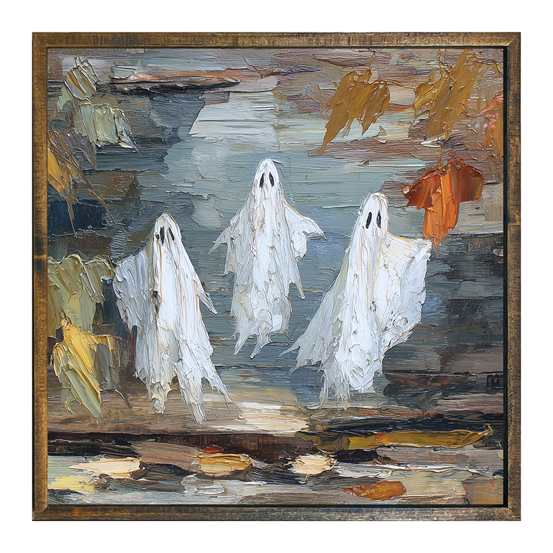 Three Ghosts Floating with Leaves - Square Frame