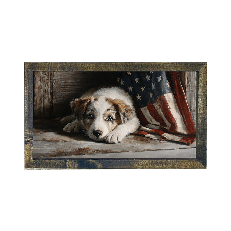 White and Brown Dog Resting near Flag - Horizontal Frame