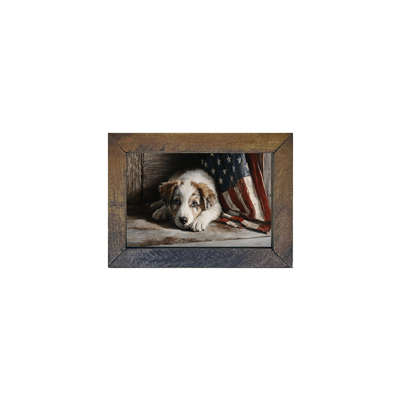 White and Brown Dog Resting near Flag - Horizontal Frame