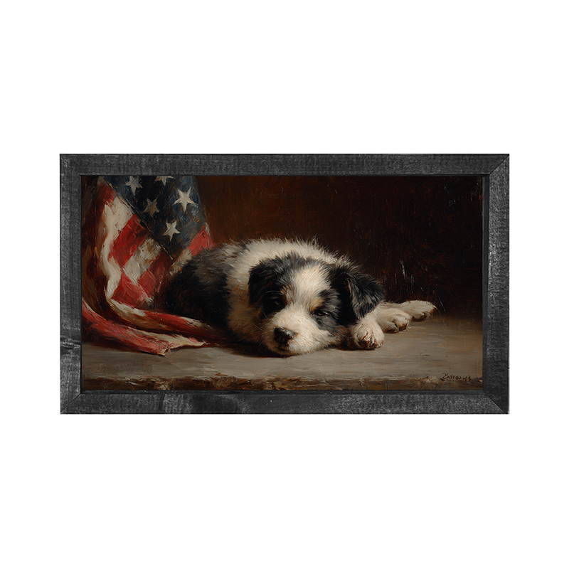 Black and White Dog Resting near Flag - Horizontal Frame