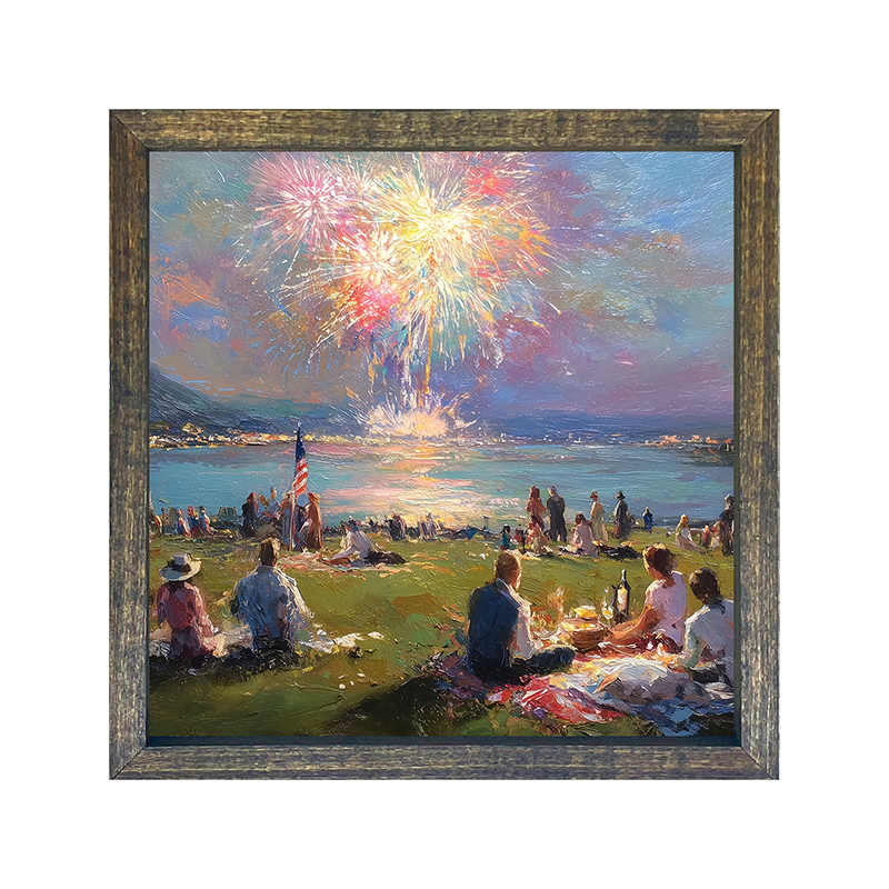 Fireworks and families at the lake - Square Frame
