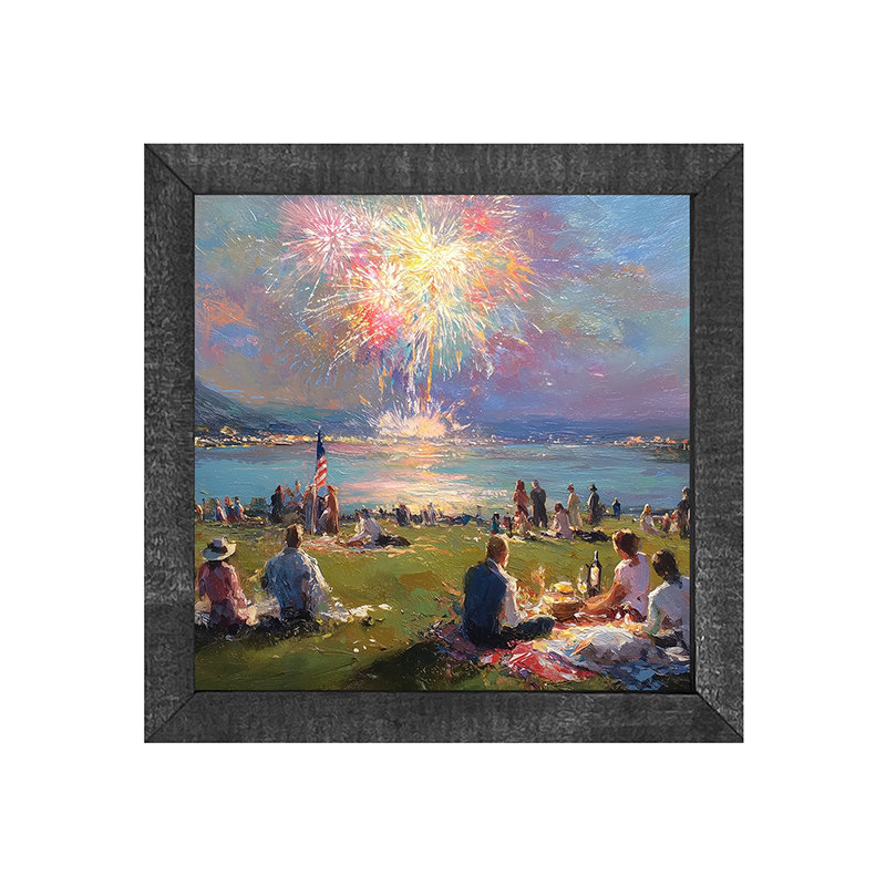 Fireworks and families at the lake - Square Frame