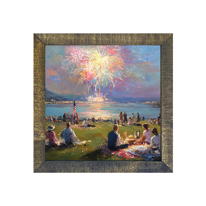 Fireworks and families at the lake - Square Frame