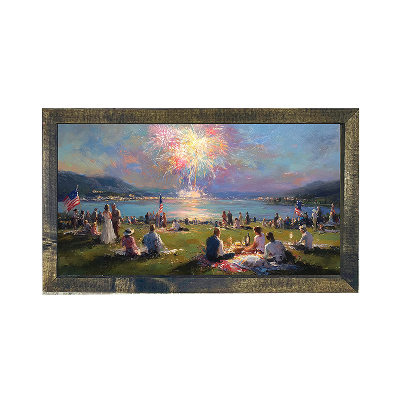 Fireworks and families at the lake - Horizontal Frame