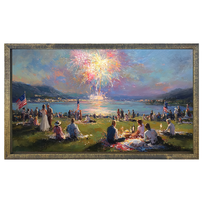 Fireworks and families at the lake - Horizontal Frame