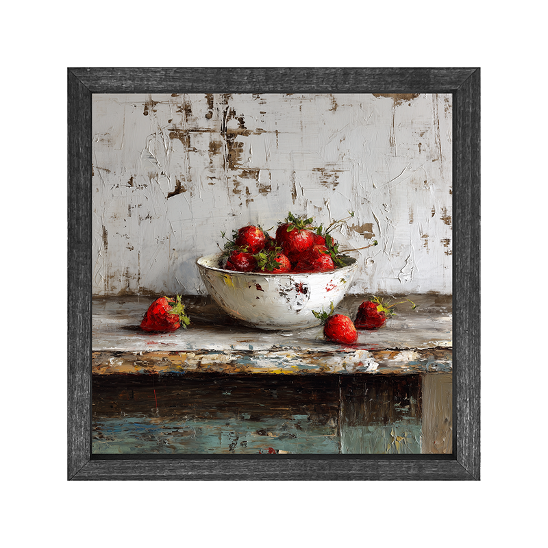 Sideboard Still Life - Rustic Blue Table with Strawberries - Square Frame