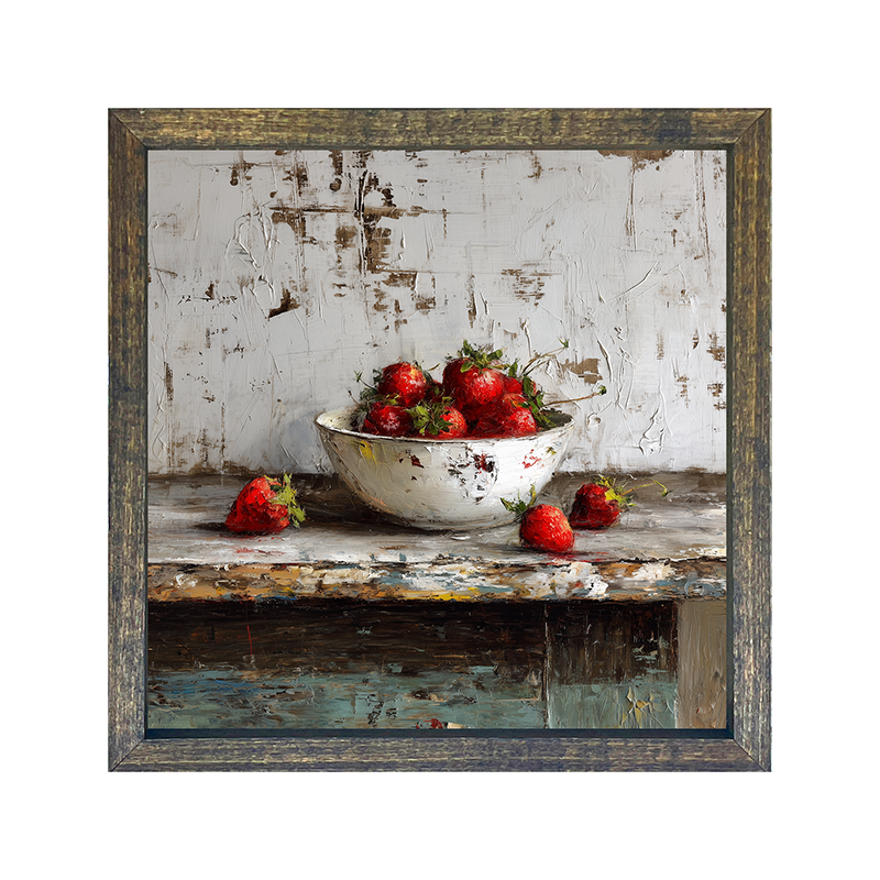 Sideboard Still Life - Rustic Blue Table with Strawberries - Square Frame