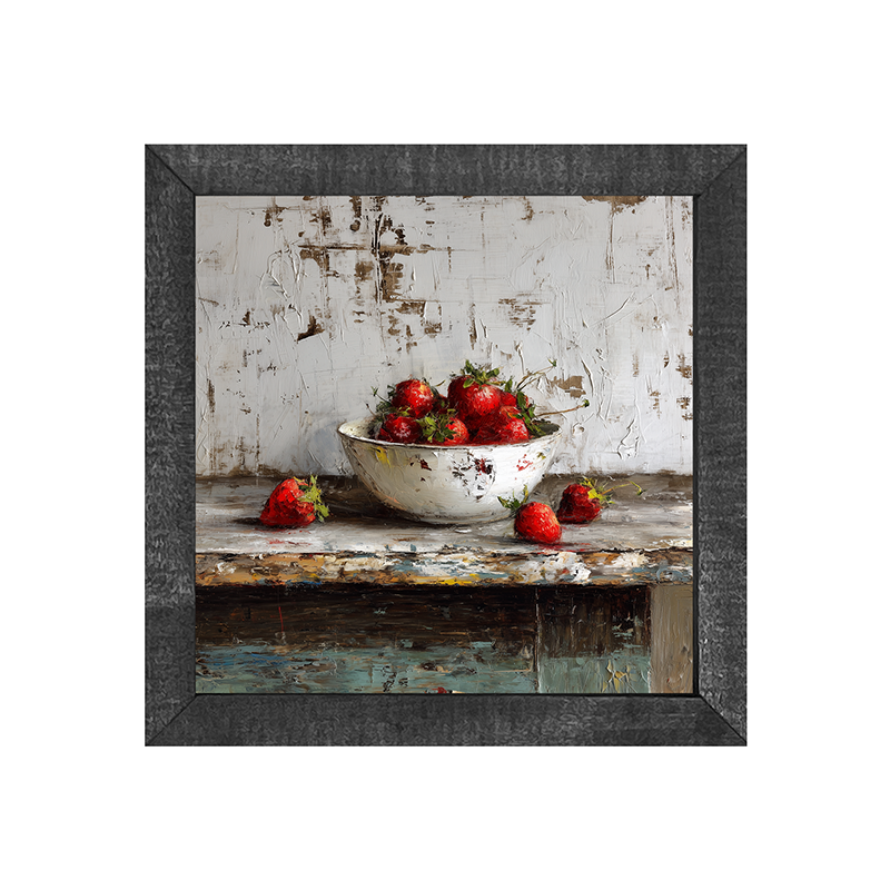 Sideboard Still Life - Rustic Blue Table with Strawberries - Square Frame