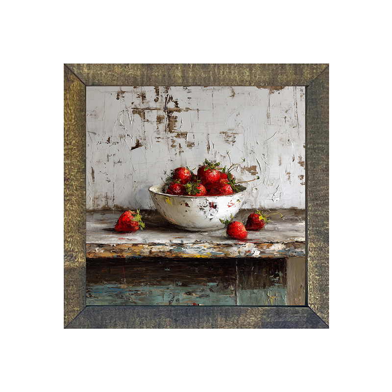Sideboard Still Life - Rustic Blue Table with Strawberries - Square Frame