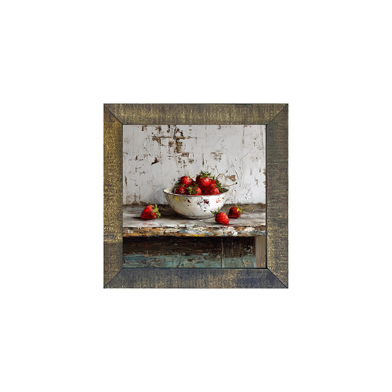 Sideboard Still Life - Rustic Blue Table with Strawberries - Square Frame