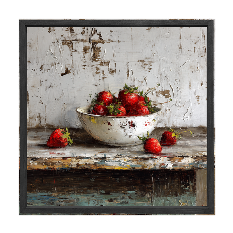 Sideboard Still Life - Rustic Blue Table with Strawberries - Square Frame