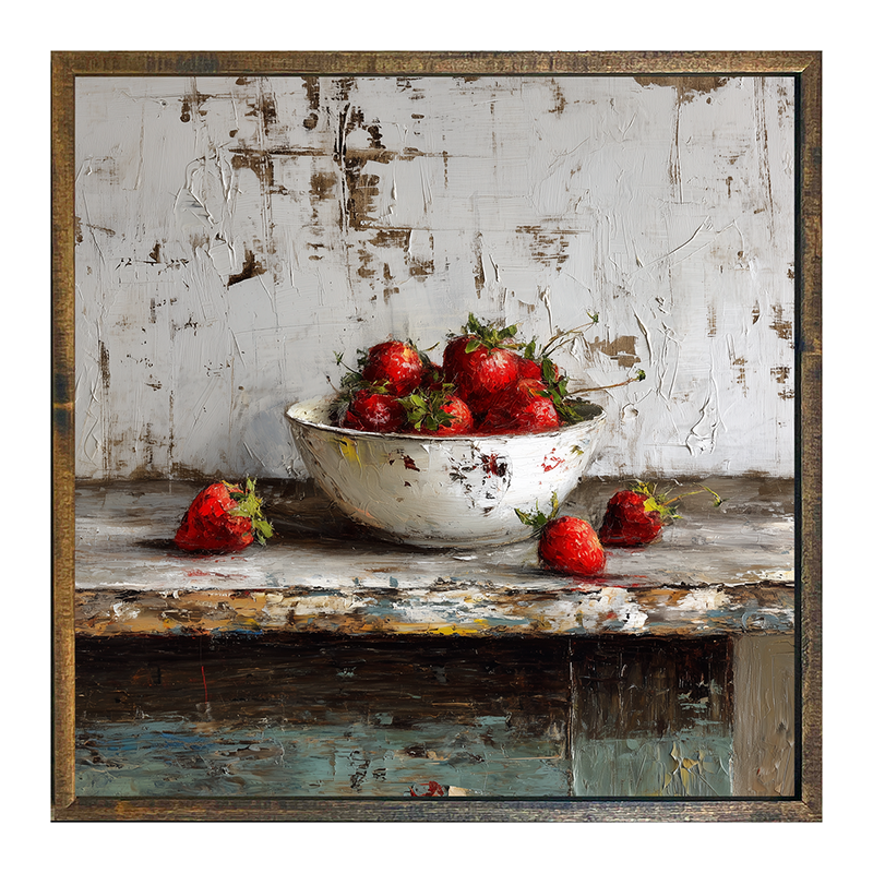 Sideboard Still Life - Rustic Blue Table with Strawberries - Square Frame