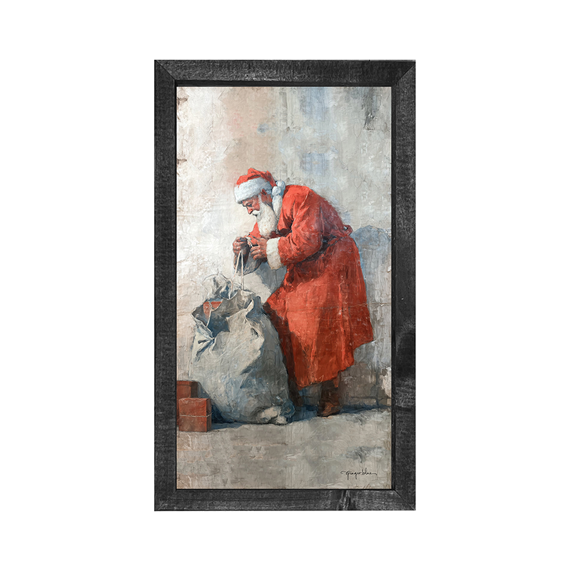 Santa Opening a Bag of Presents - Vertical Frame