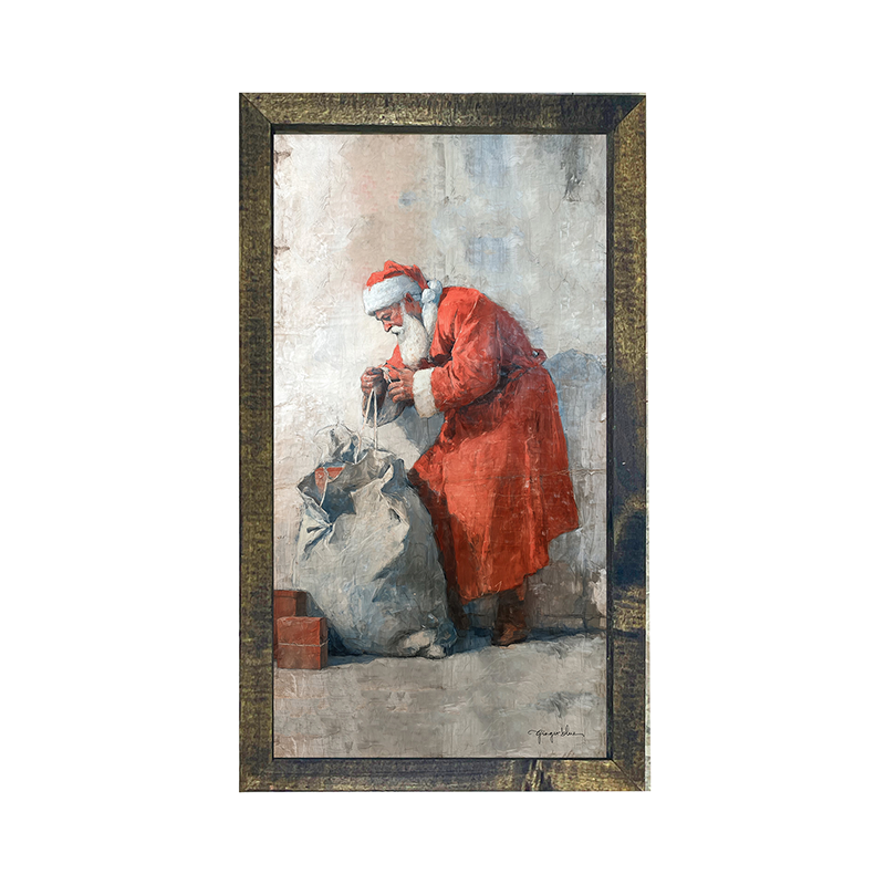 Santa Opening a Bag of Presents - Vertical Frame