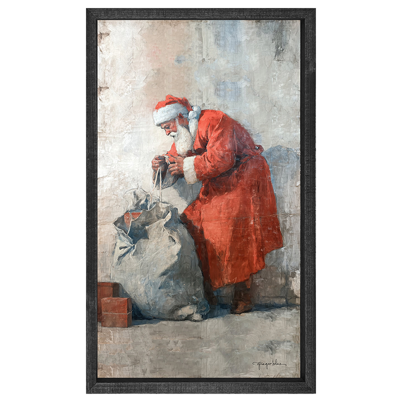 Santa Opening a Bag of Presents - Vertical Frame