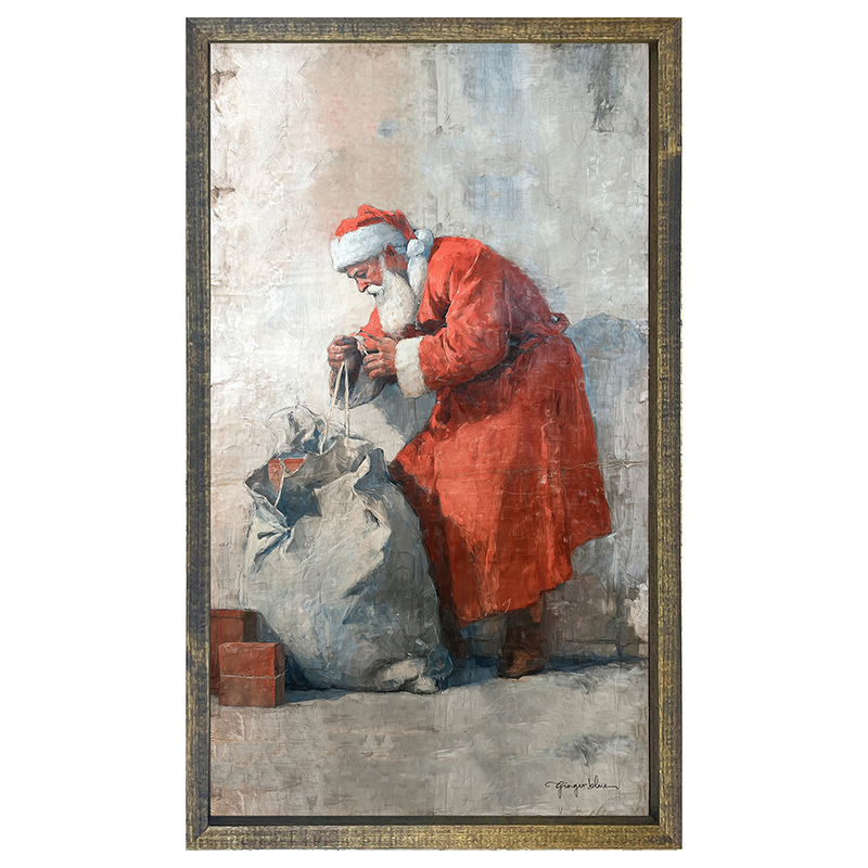 Santa Opening a Bag of Presents - Vertical Frame
