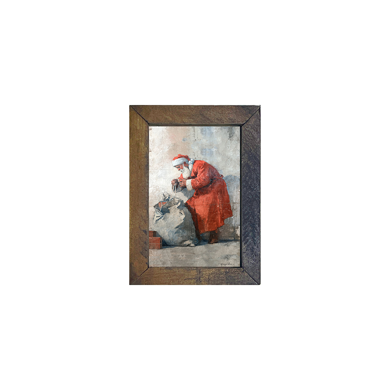 Santa Opening a Bag of Presents - Vertical Frame