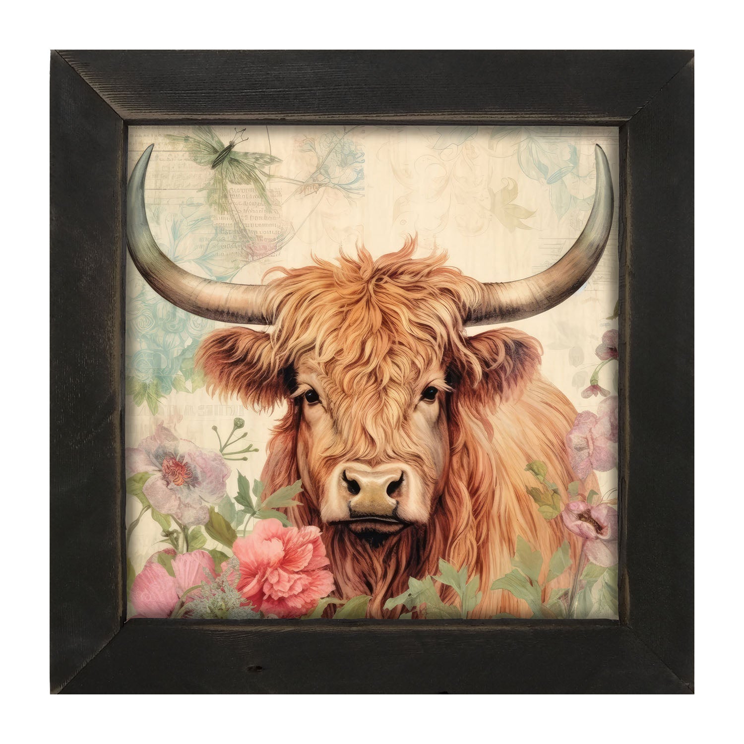 Brown Highland cow with flowers - Framed art