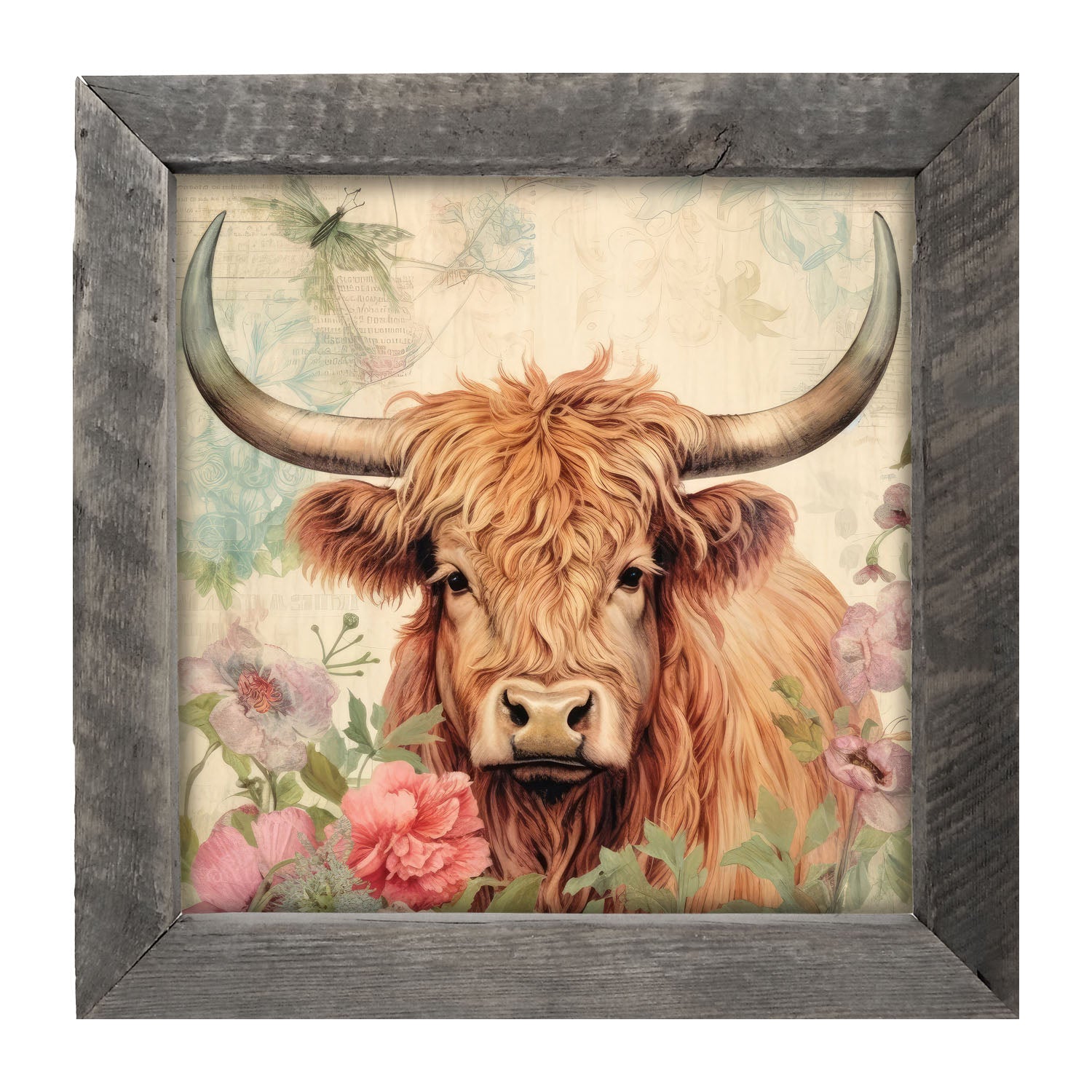 Brown Highland cow with flowers - Framed art