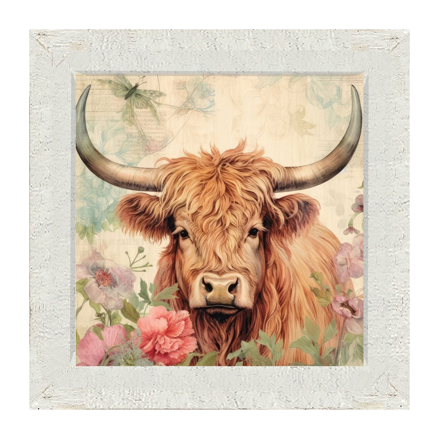 Brown Highland cow with flowers - Framed art