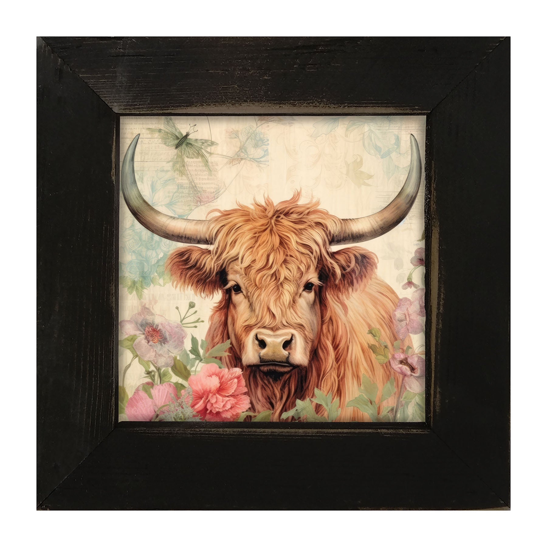 Brown Highland cow with flowers - Framed art