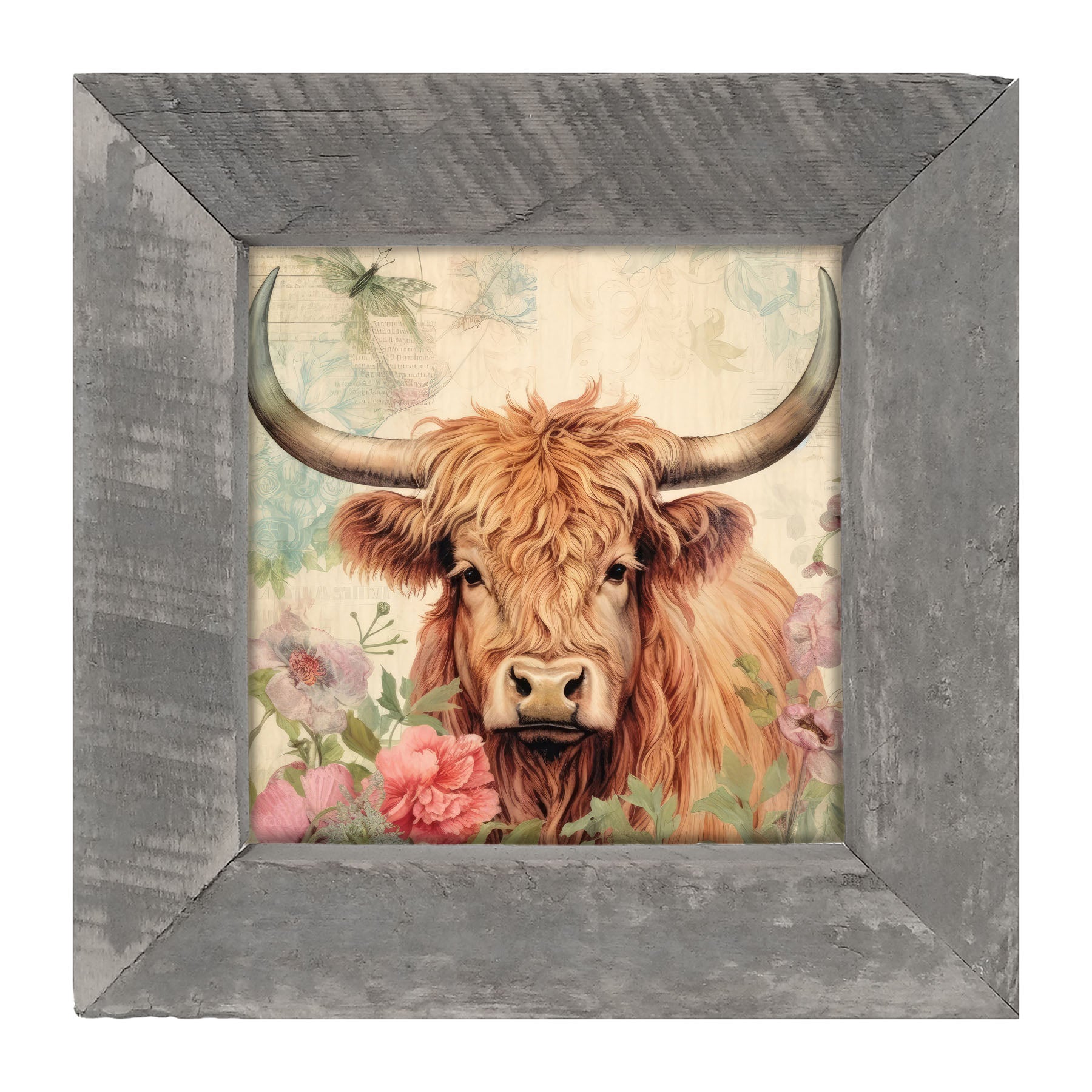 Brown Highland cow with flowers - Framed art