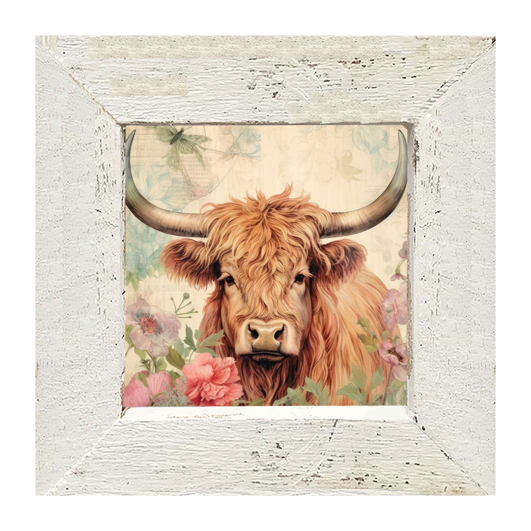 Brown Highland cow with flowers - Framed art