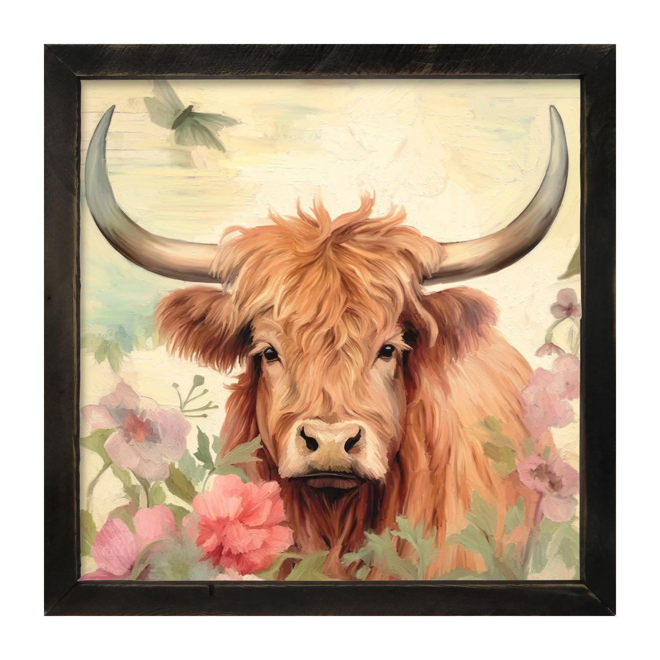 Brown Highland cow with flowers