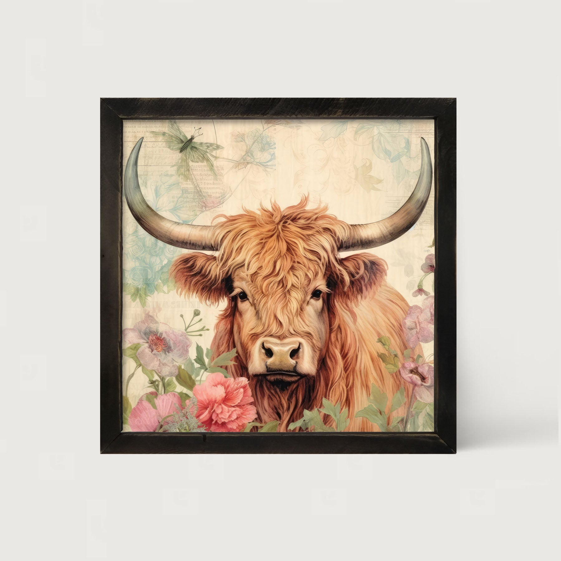 Brown Highland cow with flowers - Framed art