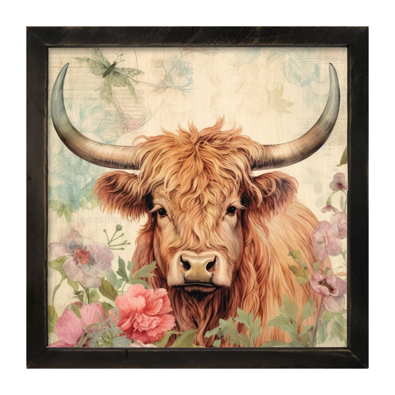 Brown Highland cow with flowers - Framed art