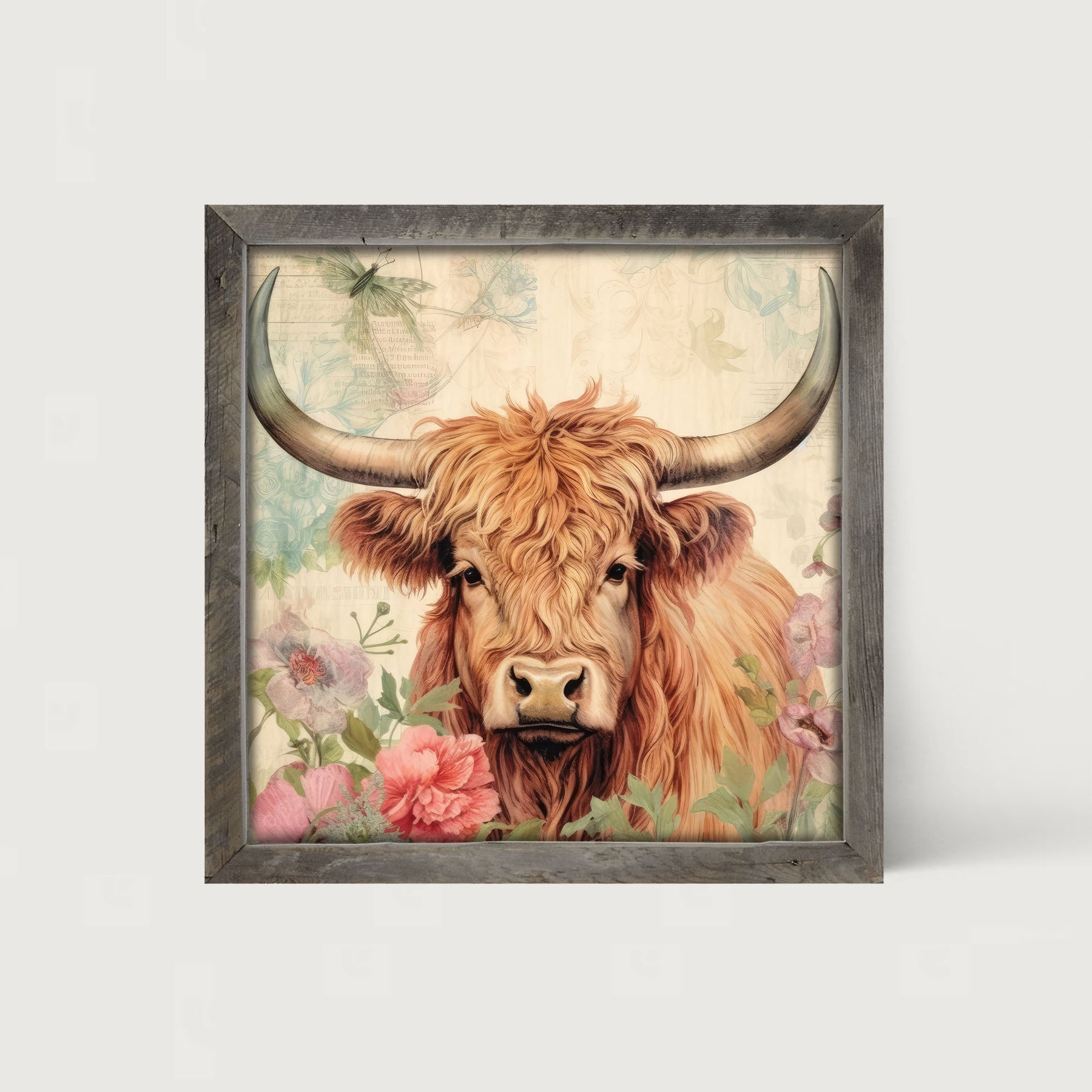 Brown Highland cow with flowers - Framed art