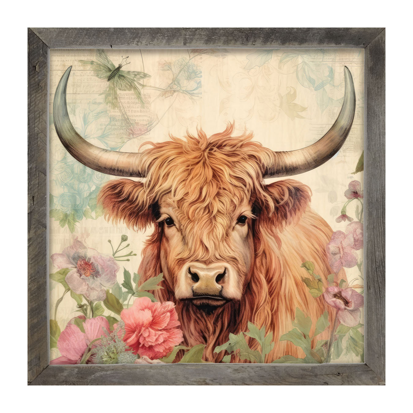 Brown Highland cow with flowers - Framed art