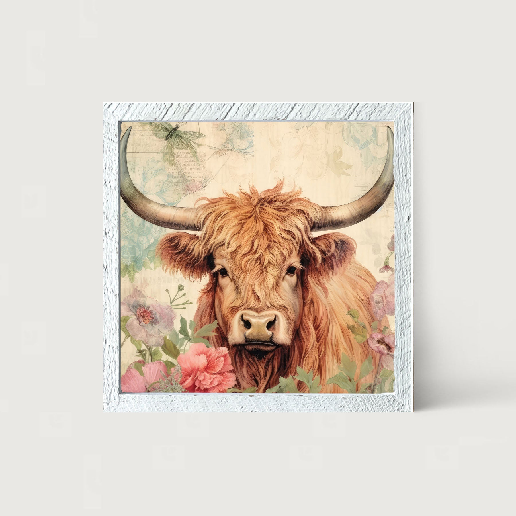 Brown Highland cow with flowers - Framed art