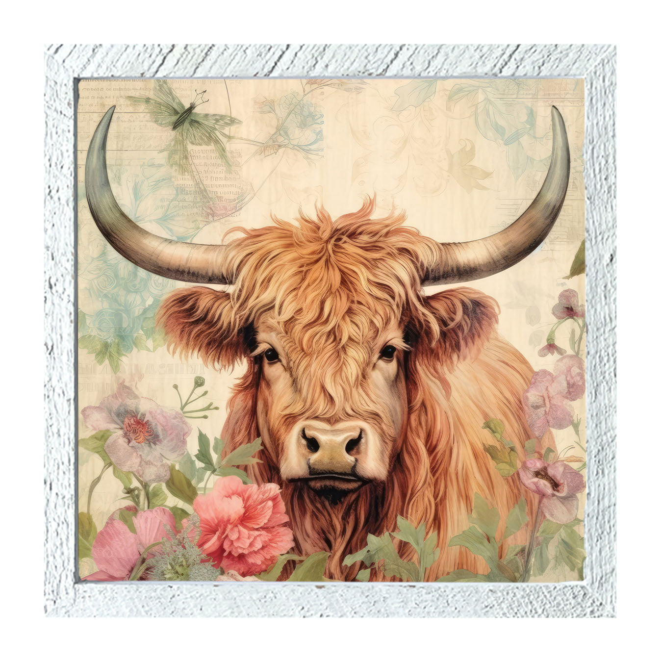Brown Highland cow with flowers - Framed art