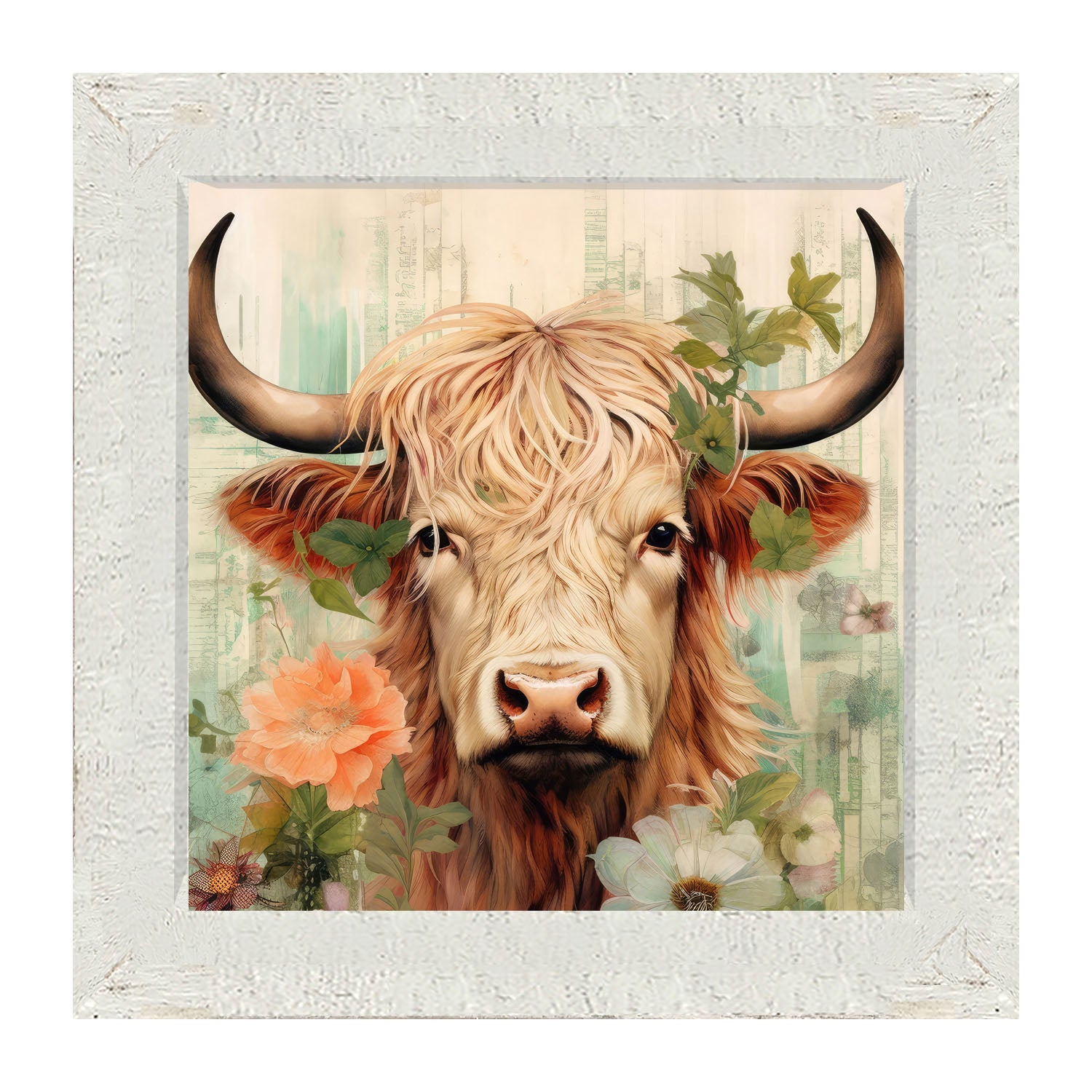 Brown and White Highland cow with flowers - Framed art