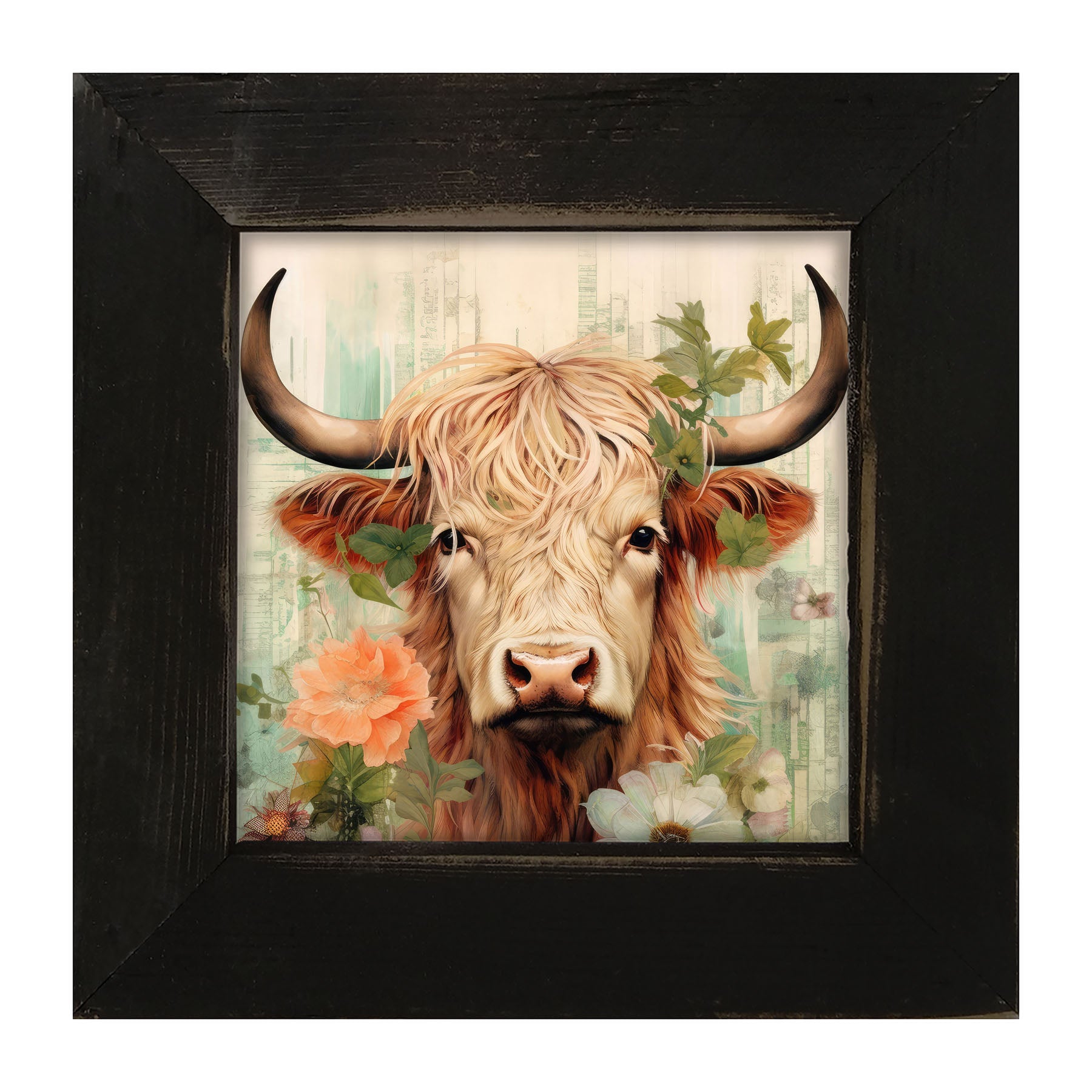 Brown and White Highland cow with flowers - Framed art