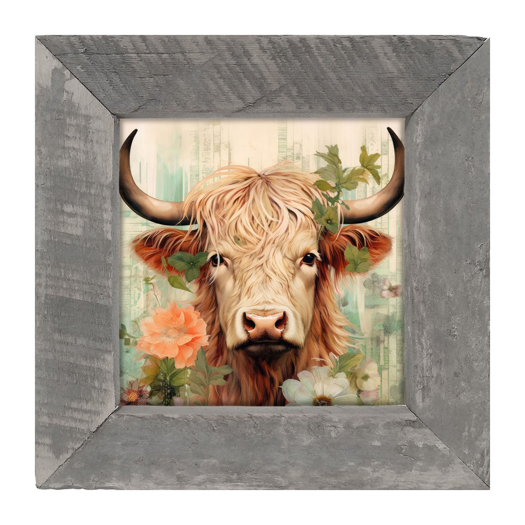 Brown and White Highland cow with flowers - Framed art