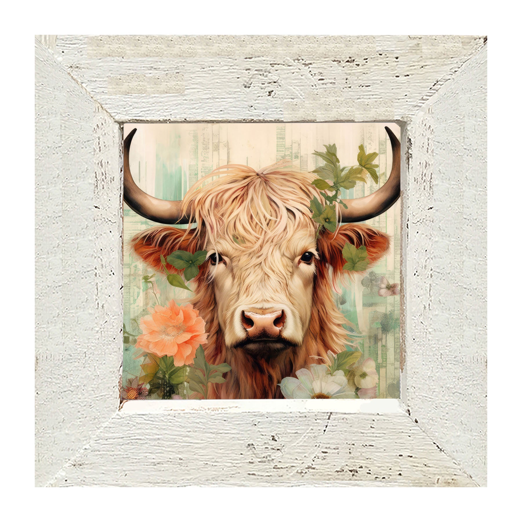 Brown and White Highland cow with flowers - Framed art