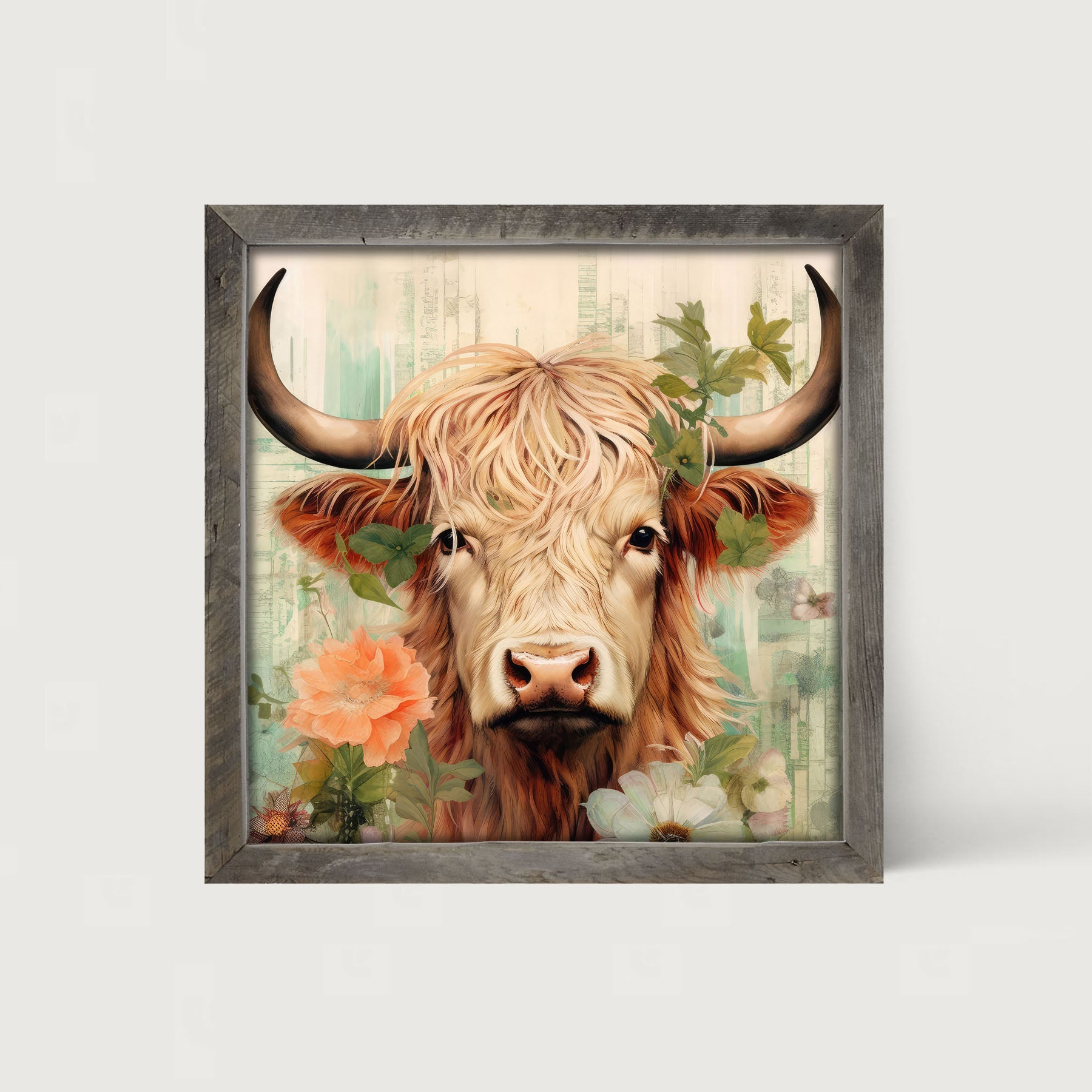 Brown and White Highland cow with flowers - Framed art