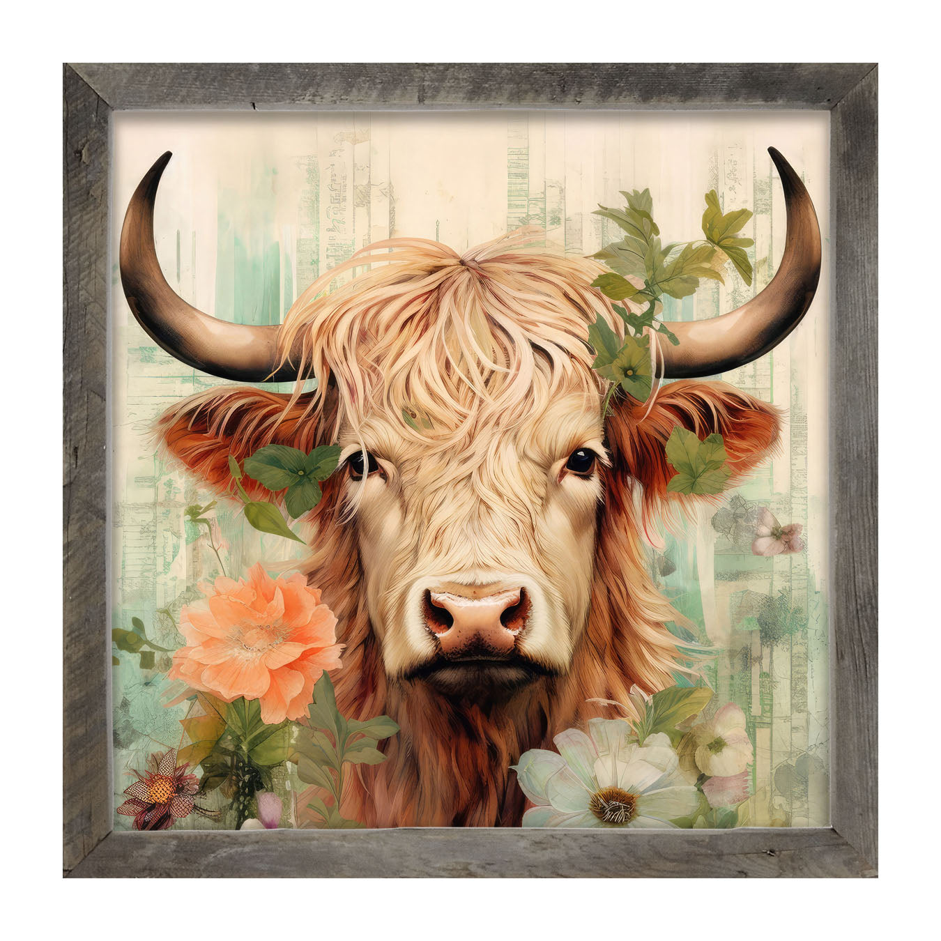 Brown and White Highland cow with flowers - Framed art