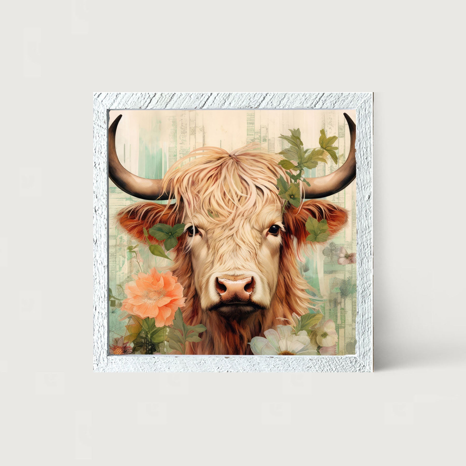 Brown and White Highland cow with flowers - Framed art