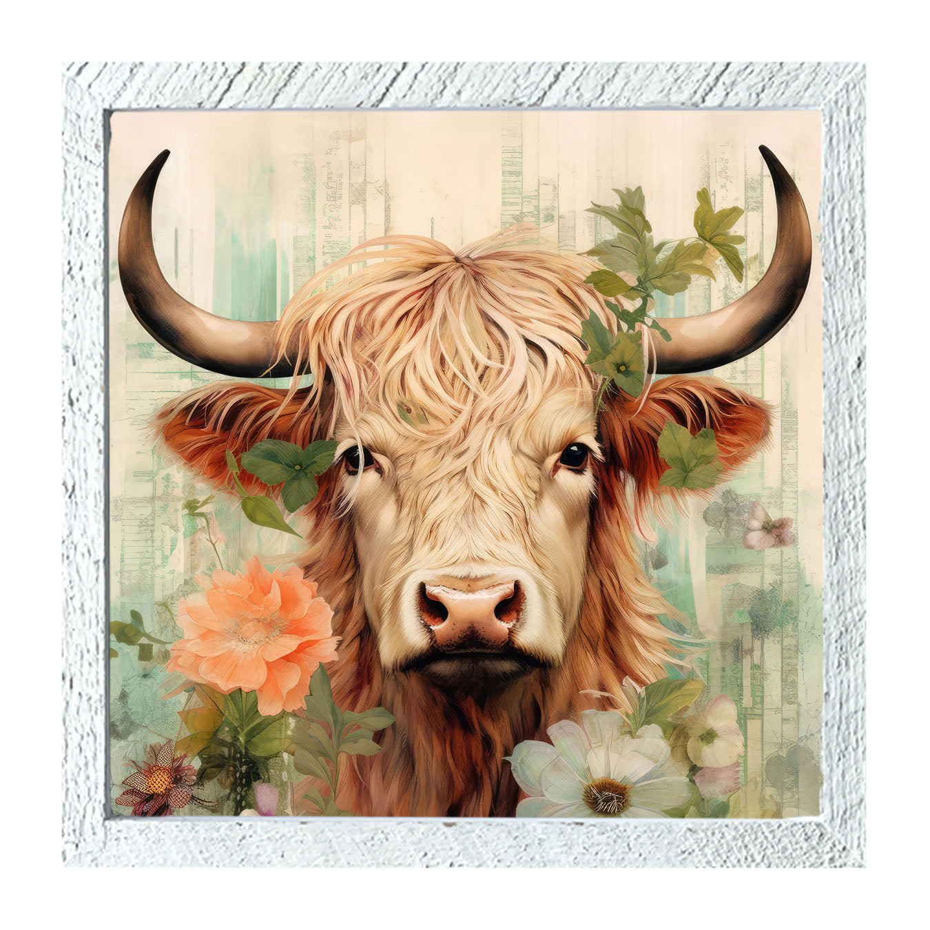 Brown and White Highland cow with flowers - Framed art