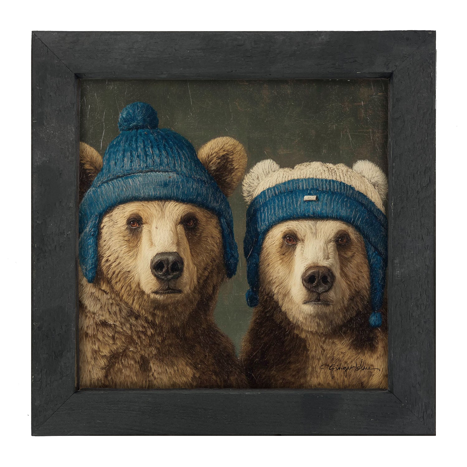 Knitted Blue Hat Bears - Framed Art
