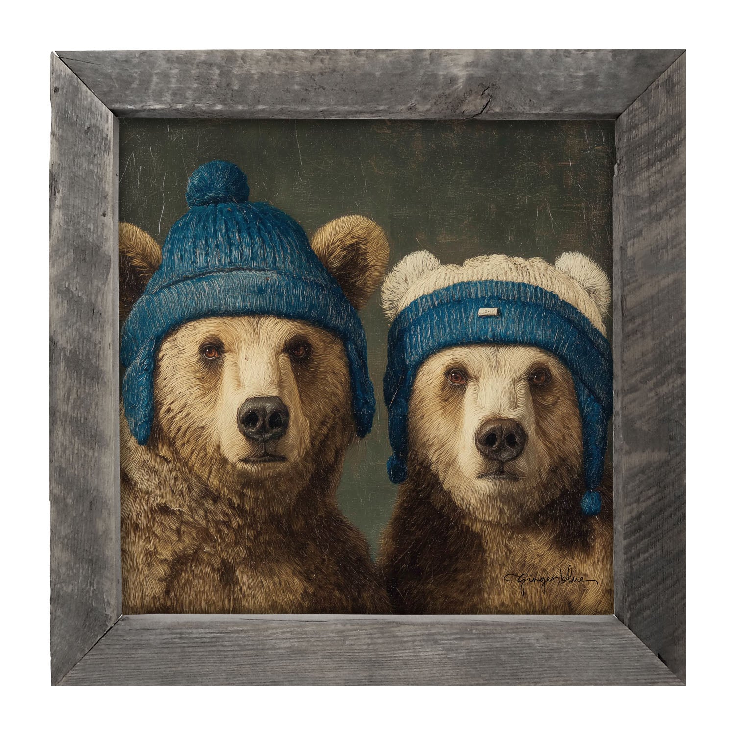 Knitted Blue Hat Bears - Framed Art