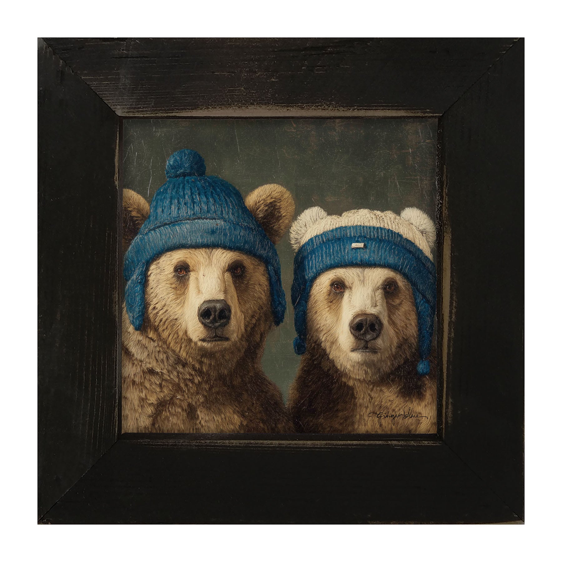 Knitted Blue Hat Bears - Framed Art